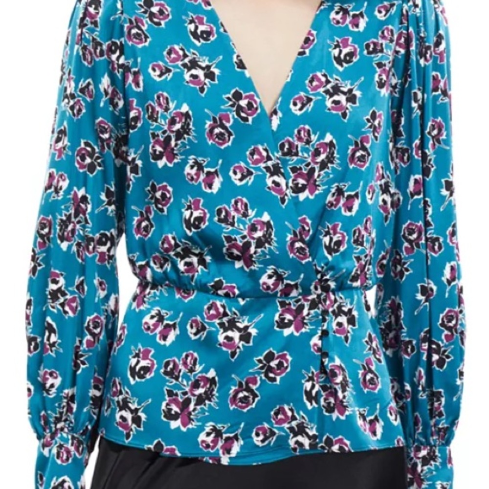 The Kooples Teal Floral V-Neck Blouse with Pink & Black Accents